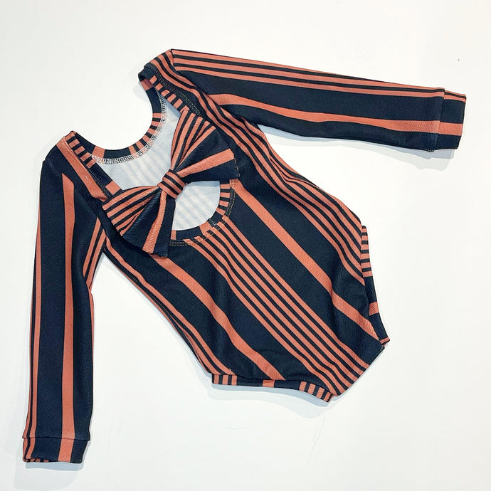 Tan and black stripe bow back bodysuit