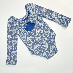Denim lace bow back bodysuit
