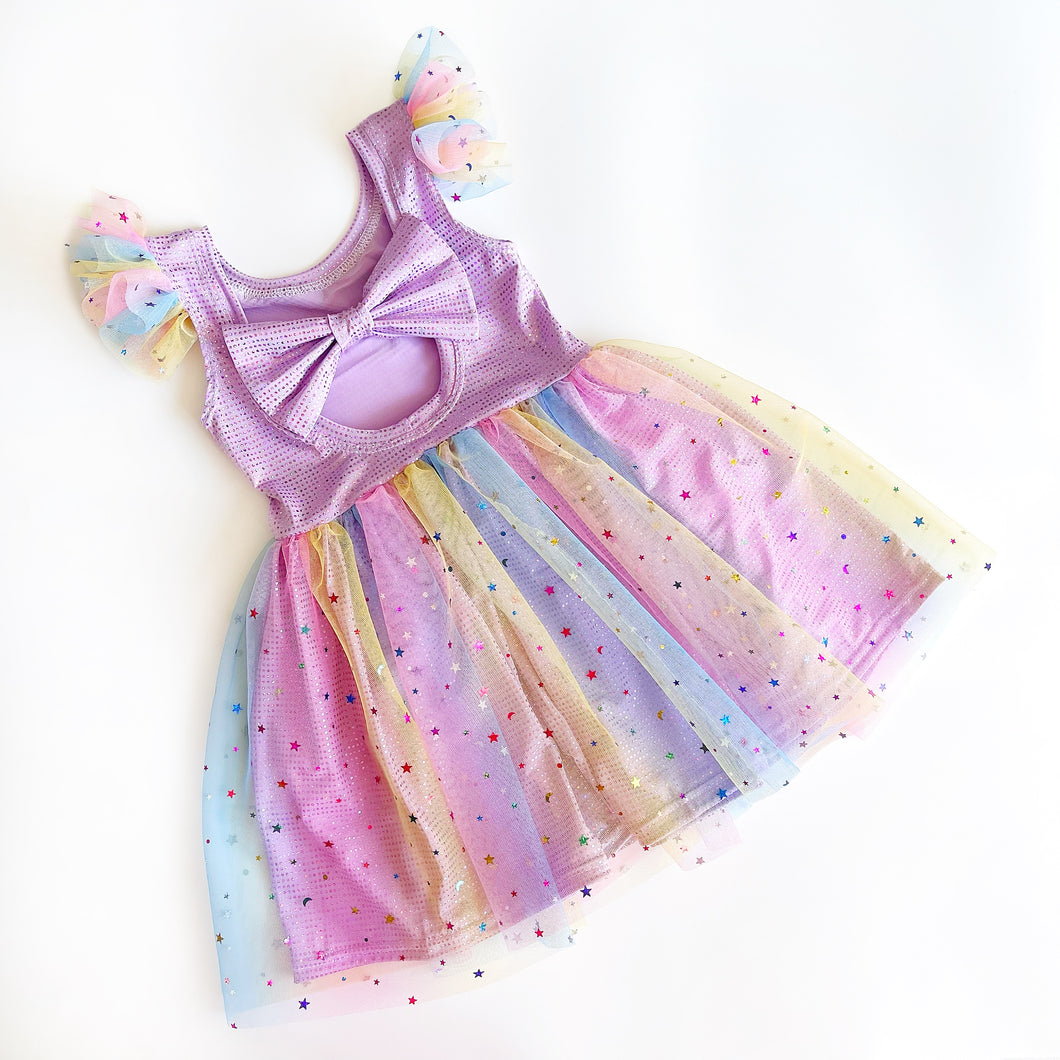 Rainbow sparkle bow back dress