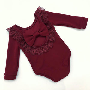 Burgundy Lace Bow Back Bodysuit or Dress
