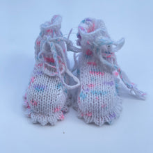 Load image into Gallery viewer, Hand knitted white and brights booties 0-6m