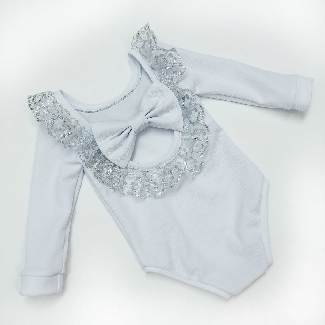 Silver Lace Bow Back Bodysuit or Dress