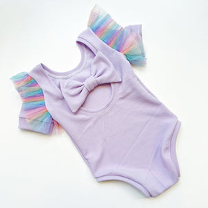 Rainbow frills lilac bow back bodysuit