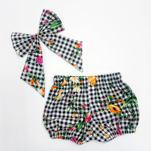 Floral gingham bloomer and deluxe bow set
