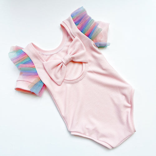 Rainbow frills pink bow back bodysuit