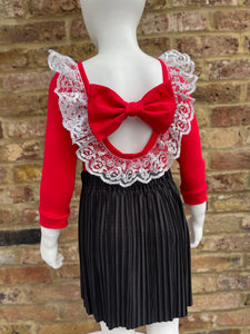 Ruby Red and Silver lace bow back bodysuit
