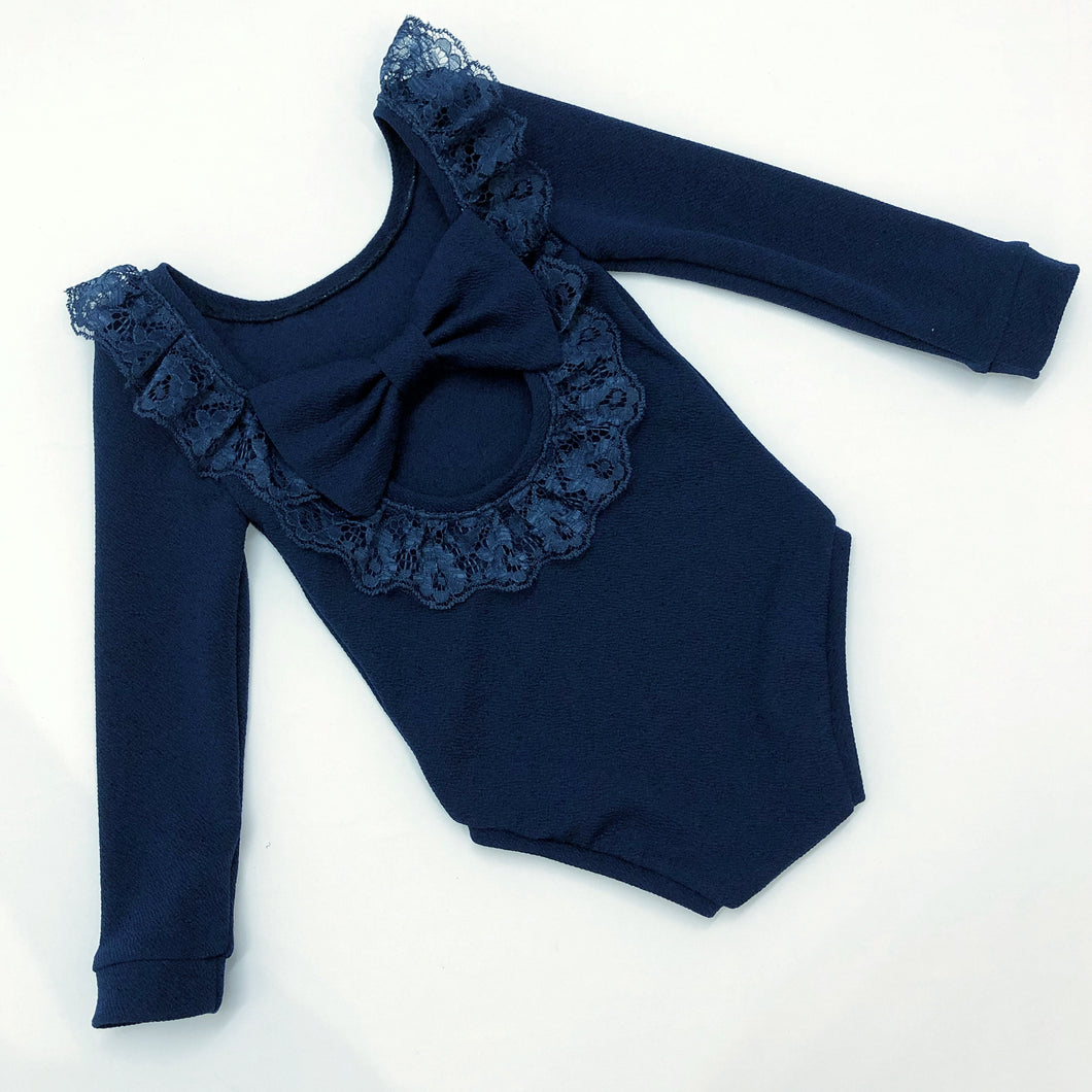 Navy Lace Bow Back Bodysuit or Dress