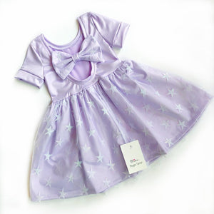 Lilac Shimmer Stars Bow Back Dress